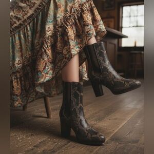 Ankle Boots Western Boho Brown Leather Snake Pethon Print Coastal Cowgirl 8.5